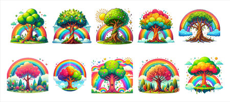 Set of cartoon trees and rainbow isolated on white background. Vector illustration.のイラスト素材