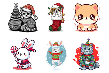 Set of cute cartoon animals in Santa Claus clothes. Vector illustration.のイラスト素材