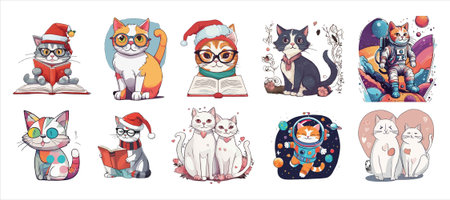 Cats in Santa Claus hats. Vector set of cute cartoon cats.