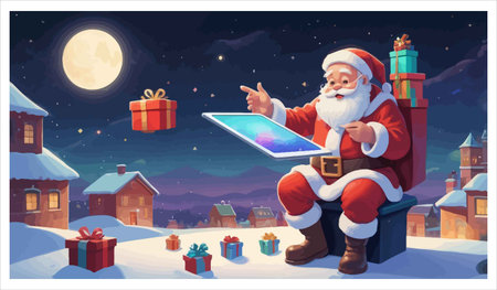 Santa Claus using tablet pc in winter landscape. Christmas and New Year vector illustrationのイラスト素材