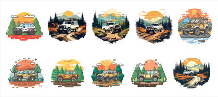 Set of 4x4 off road vehicles in the mountains. Vector illustrationのイラスト素材