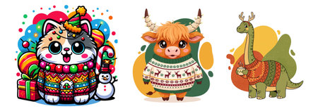 This delightful image showcases a cat, ox, giraffe and dinosaur dressed in festive attire, celebrating Christmas with gifts and decorations. Isolated on white background.のイラスト素材
