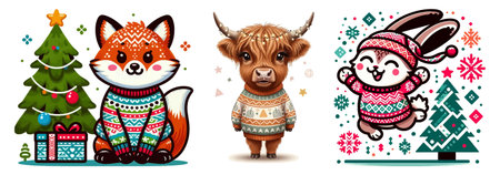 Cute cartoon animals in knitted sweaters and scarves with christmas tree. Vector illustrationのイラスト素材