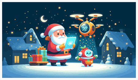 A festive scene with Santa, a robot, and a drone delivering Christmas gifts on a snowy night, with houses, a moon, and stars in the background. Cheerful and modern.のイラスト素材