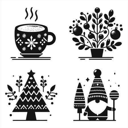 A set of monochrome Christmas icons featuring a Christmas tree, gnome, cup of cocoa, and other festive decorations, all in a simple and elegant black and white style.のイラスト素材