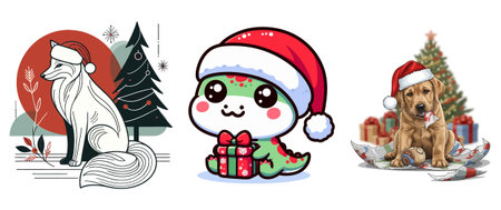 Cute dog in Santa hat and Christmas tree. Vector illustration.のイラスト素材