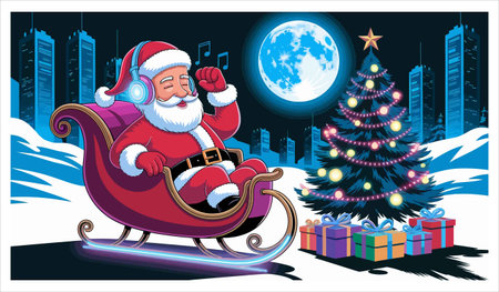 Santa Claus rides a sledge on the background of the night city. Vector illustrationのイラスト素材
