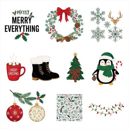 Christmas and New Year elements set. Christmas tree, snowflakes, wreath, boot, snowman, penguin, fir branches. Vector illustration.のイラスト素材