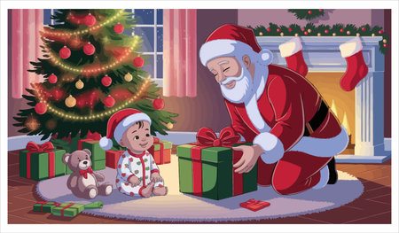 Santa Claus and his daughter decorating a Christmas tree. Vector illustrationのイラスト素材