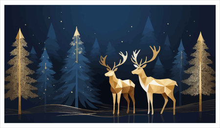Merry Christmas and Happy New Year greeting card with deers in the forestのイラスト素材