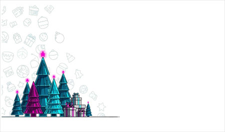 Christmas and New Year background with Christmas trees and gifts. Vector illustration.のイラスト素材