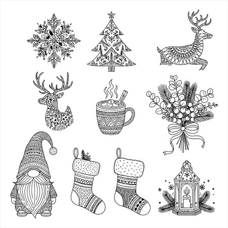 Christmas set of hand drawn doodle elements. Vector illustration.のイラスト素材