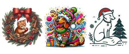 Christmas and New Year greeting card with funny cartoon dog. Vector illustration.のイラスト素材
