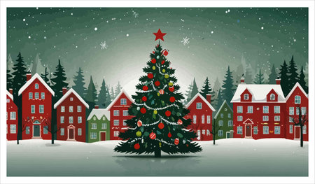 Christmas and New Year greeting card with Christmas tree and houses. Vector illustration.のイラスト素材