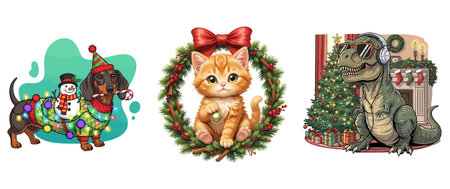 Christmas and New Year set. Cute cat, dog, snowman, Santa Claus hat, christmas wreath.のイラスト素材