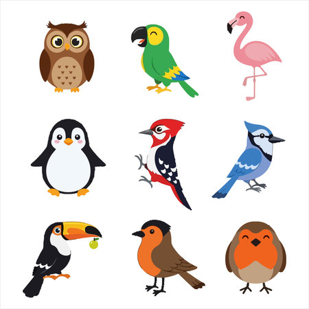 Set of cute cartoon birds. Vector illustration isolated on white background.のイラスト素材