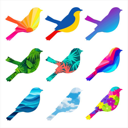 Set of colorful birds with different colors and patterns. Vector illustration.のイラスト素材
