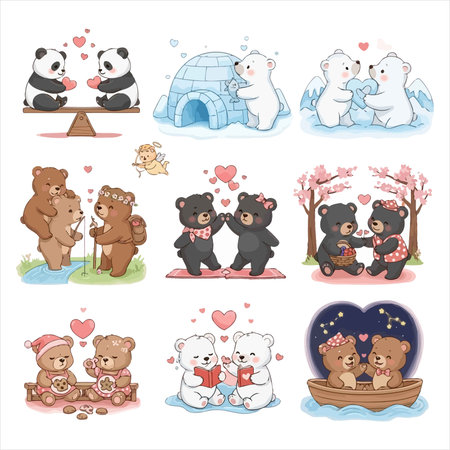 Set of cute cartoon bears in love on the ice, vector illustrationのイラスト素材