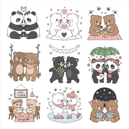 Vector set of cute cartoon bears in love. Hand drawn illustration.のイラスト素材