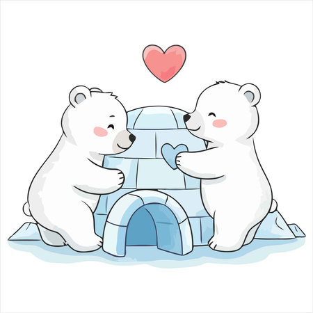 Two cute white polar bears sit in an igloo with a heartのイラスト素材