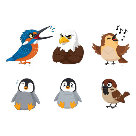 Set of cute cartoon birds. Vector illustration isolated on white background.のイラスト素材