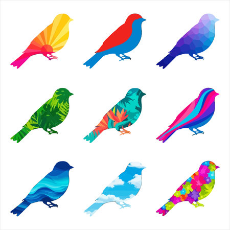 Set of colorful birds isolated on a white background. Vector illustration.のイラスト素材