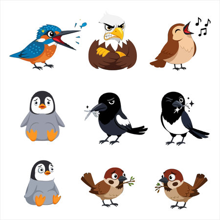Cute cartoon birds collection isolated on white background. Vector illustration.のイラスト素材