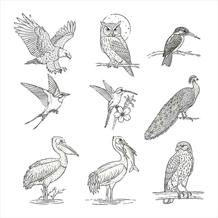 Vector set of hand drawn doodle sketches of different birds.のイラスト素材
