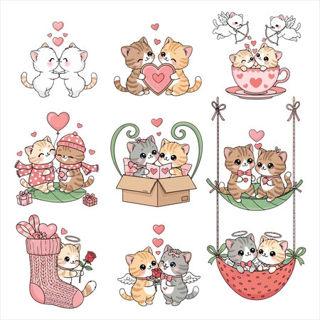Cute cartoon cats in love set. Hand drawn vector illustration.のイラスト素材