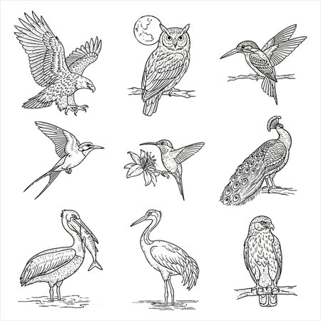 Vector set of hand drawn doodle illustrations of birds. Isolated on white background.のイラスト素材