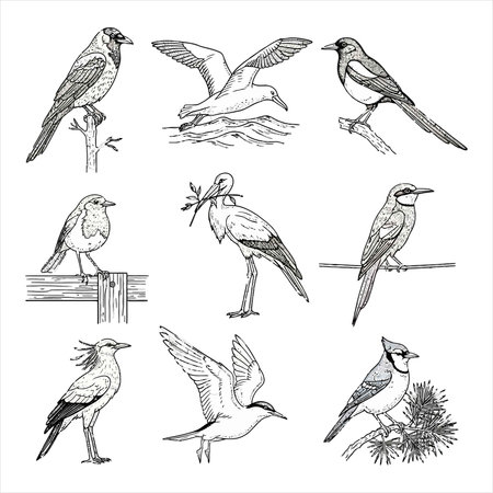 Set of hand drawn birds. Vector illustration isolated on white background.のイラスト素材