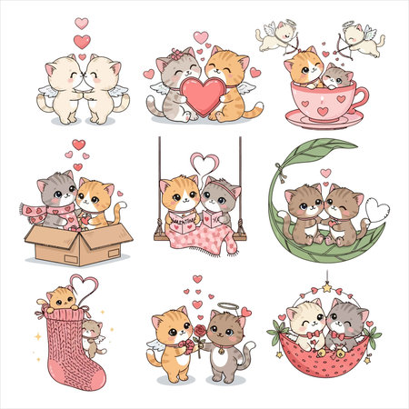 Cute cartoon cats and kittens in love. Vector set of kawaii animals.のイラスト素材