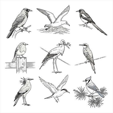 Set of hand drawn birds. Vector illustration. Isolated on white background.のイラスト素材