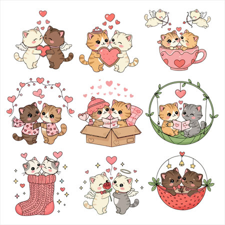 Set of cute cartoon cats in love. Vector illustration isolated on white background.のイラスト素材