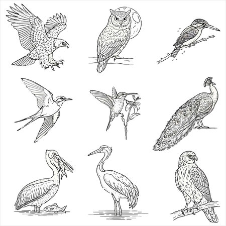Set of hand drawn sketches of different birds. Vector illustration in sketch style.のイラスト素材