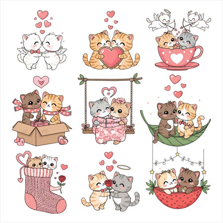Cute cartoon cats and hearts. Vector illustration for Valentine's Day.のイラスト素材