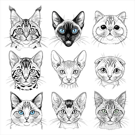 Set of cats heads. Hand drawn vector illustration in sketch style.のイラスト素材