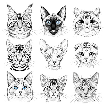 Set of cats heads. Vector illustration isolated on a white background.のイラスト素材