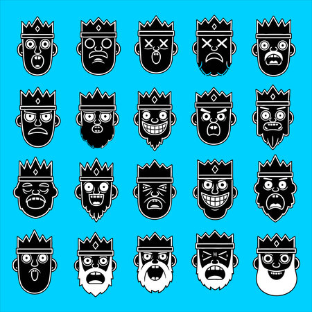 monochrome faces of king and queen with different emotions, vector illustrationのイラスト素材