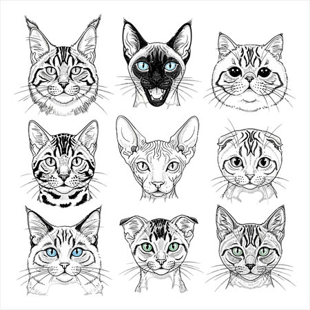 Set of cats. Hand drawn vector illustration. Isolated on white background.のイラスト素材