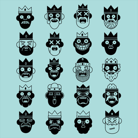A collection of diverse abstract king and monarch face icons, each with unique crowns and expressions, ranging from happy to angry, sad, and surprised. This detailed vector illustration set represents various emotional states and leadership archetypes, suitable for modern design projects, user interfaces, avatars, and character branding.のイラスト素材