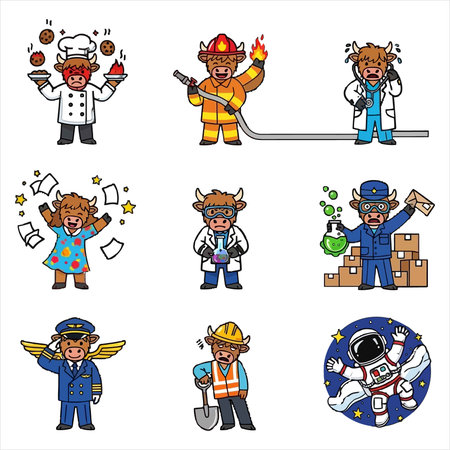 Set of vector cartoon characters of firefighter, fireman, miner, builder, fireman.のイラスト素材