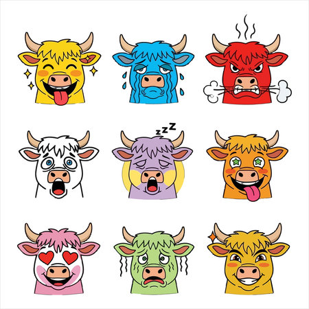 set of funny cartoon bull heads with different emotions. Vector illustration.のイラスト素材