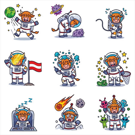 Cartoon Astronaut Characters Set, Vector Illustration on White Background.のイラスト素材