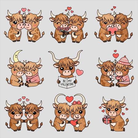 Set of cute cartoon bull with different emotions. Vector illustration for your designのイラスト素材