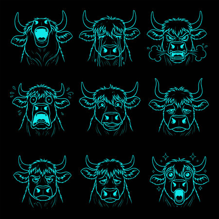 Set of vector cows heads with different emotions on a black background.のイラスト素材