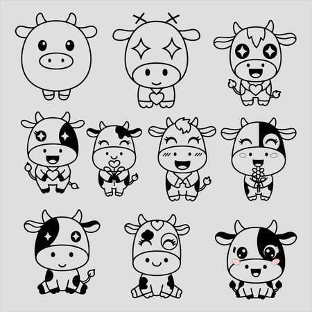cute cow cartoon doodle icon set, vector illustration designのイラスト素材