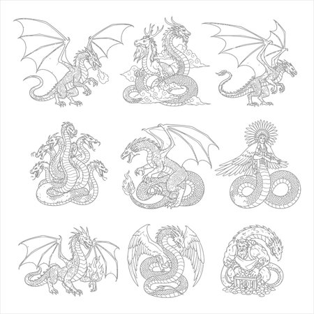 Set of dragon. Vector illustration isolated on white background. Design element for tattoo or t-shirt.のイラスト素材