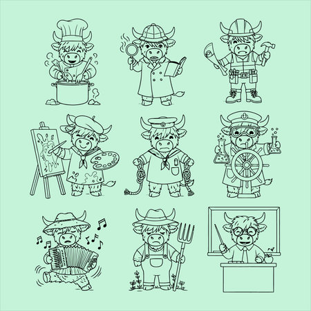 Set of cute cartoon farm animals. Hand drawn vector illustration. Outline drawing.のイラスト素材