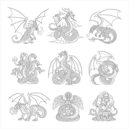 Vector set of dragon doodle icons isolated on white background.のイラスト素材